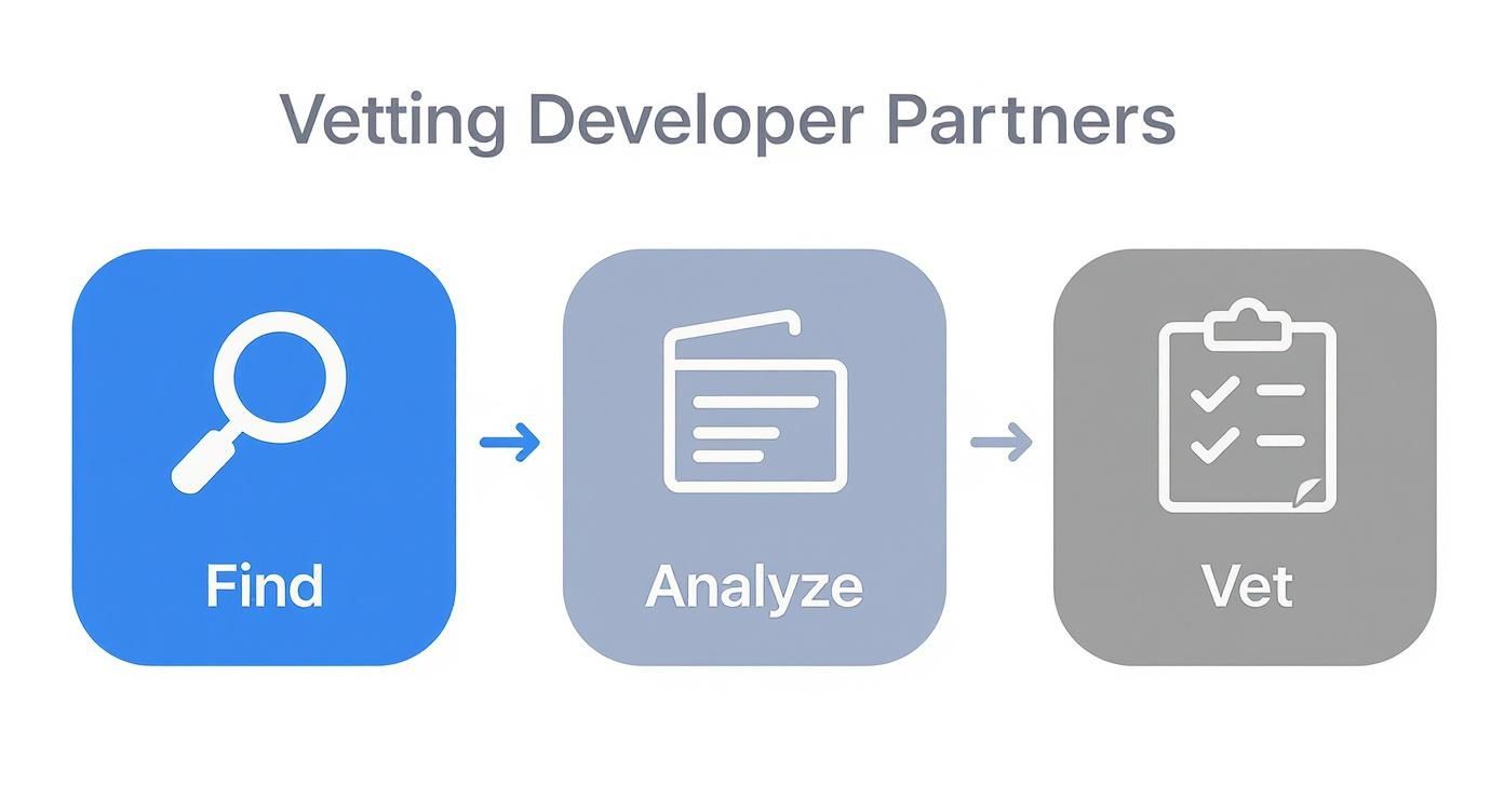 Three-step developer vetting process showing find, analyze, and vet stages with corresponding icons