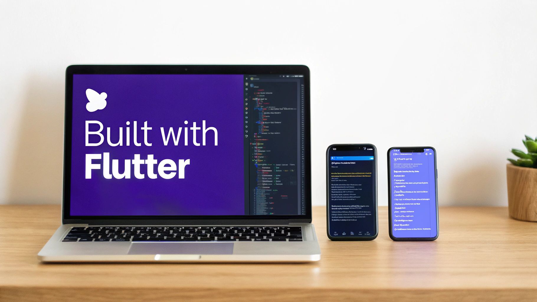 A laptop displaying 'Built with Flutter' logo and code, with two smartphones running mobile applications.