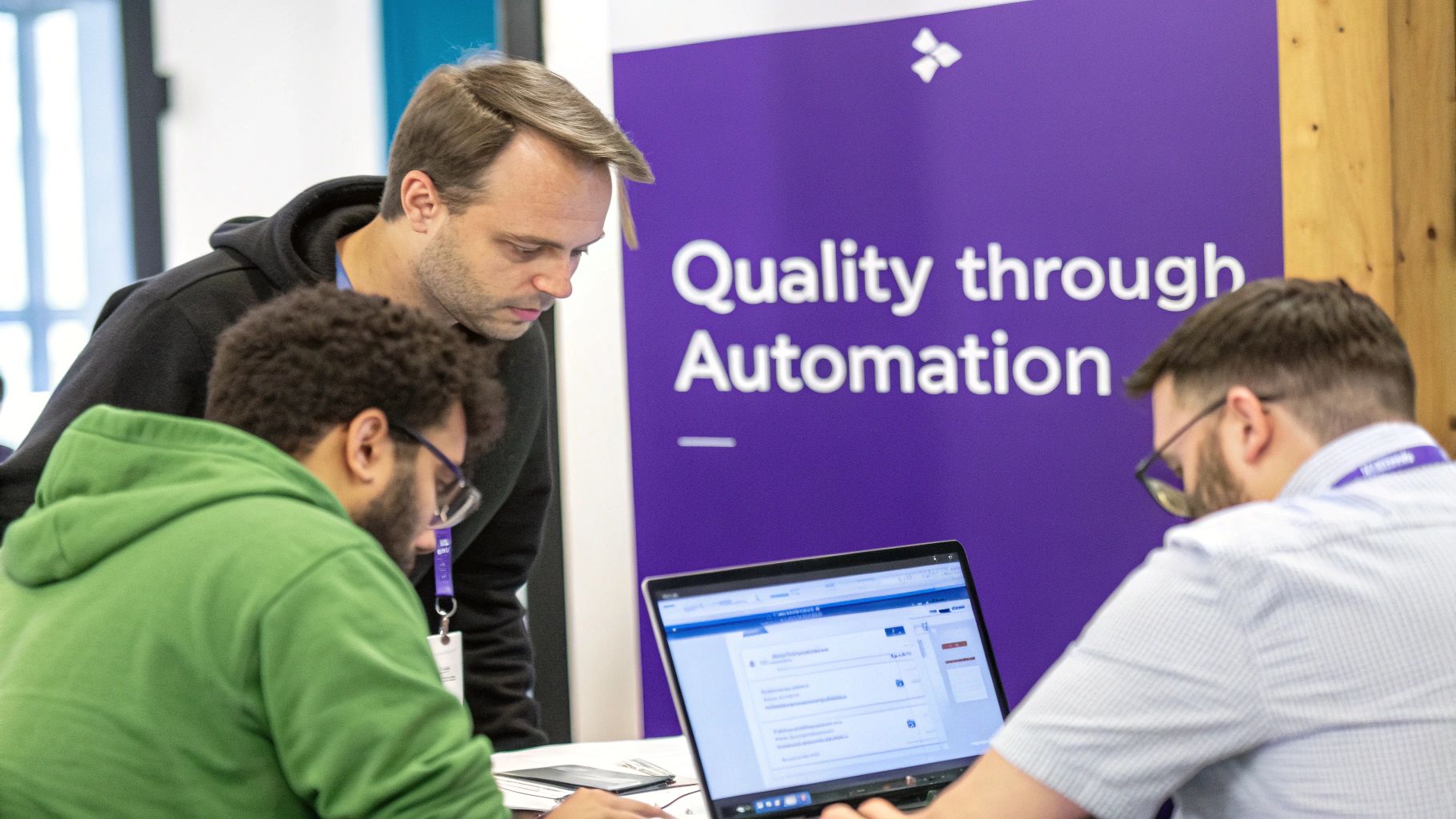 Three men collaborate around a laptop and documents, with a "Quality through Automation" banner in the background.