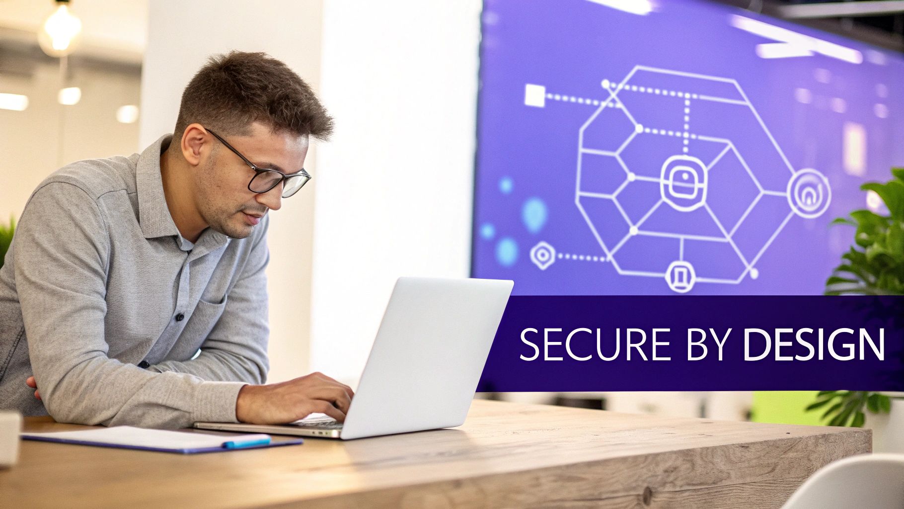 A team of cybersecurity experts collaborating around a computer screen, analysing data.