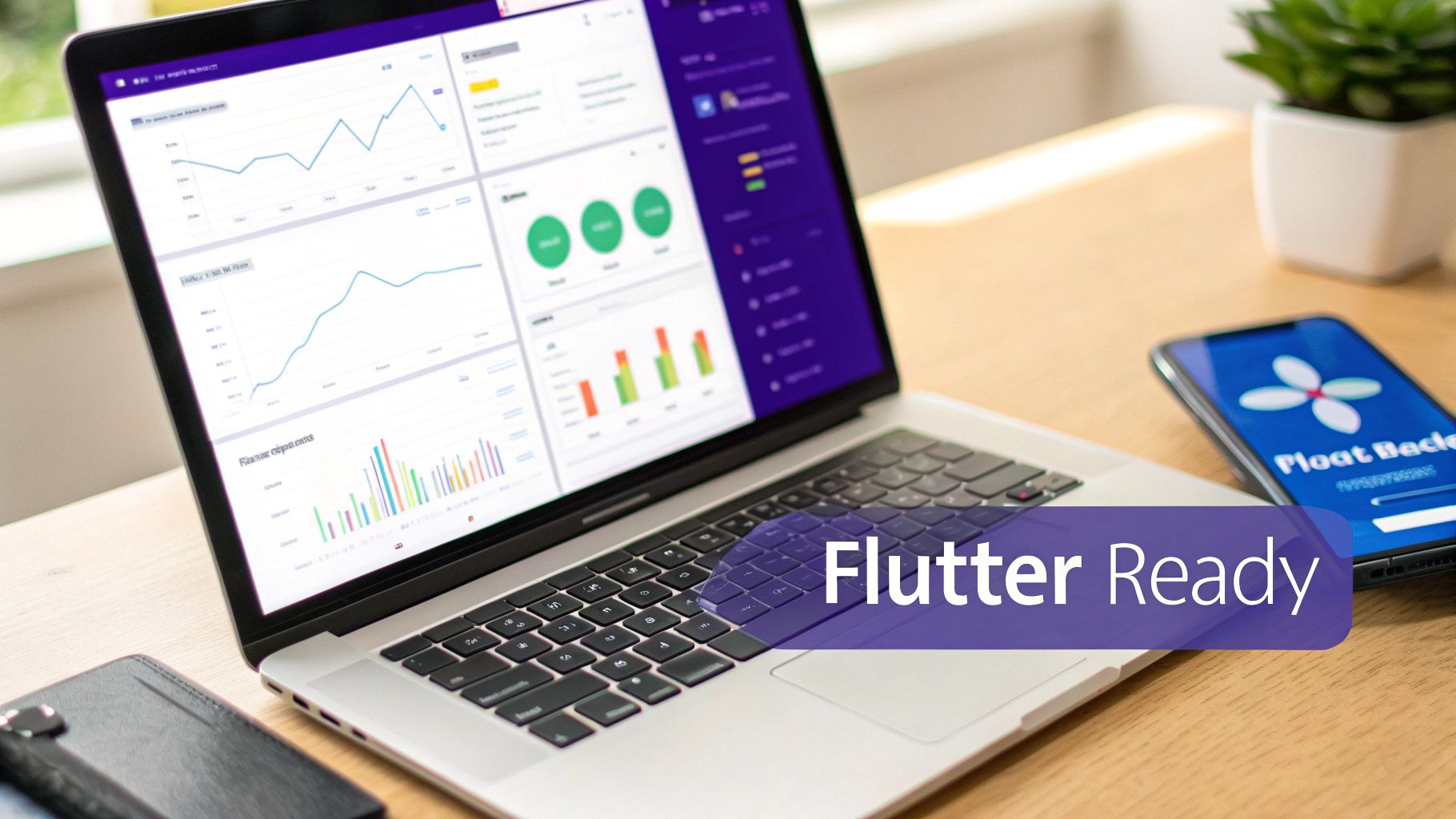 A laptop displaying data charts and a smartphone with a Flutter app on a wooden desk, labeled 'Flutter Ready'.