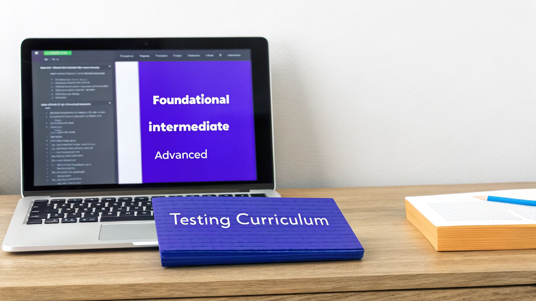 A laptop shows Foundational, Intermediate, and Advanced curriculum levels with a 'Testing Curriculum' notebook on a desk.