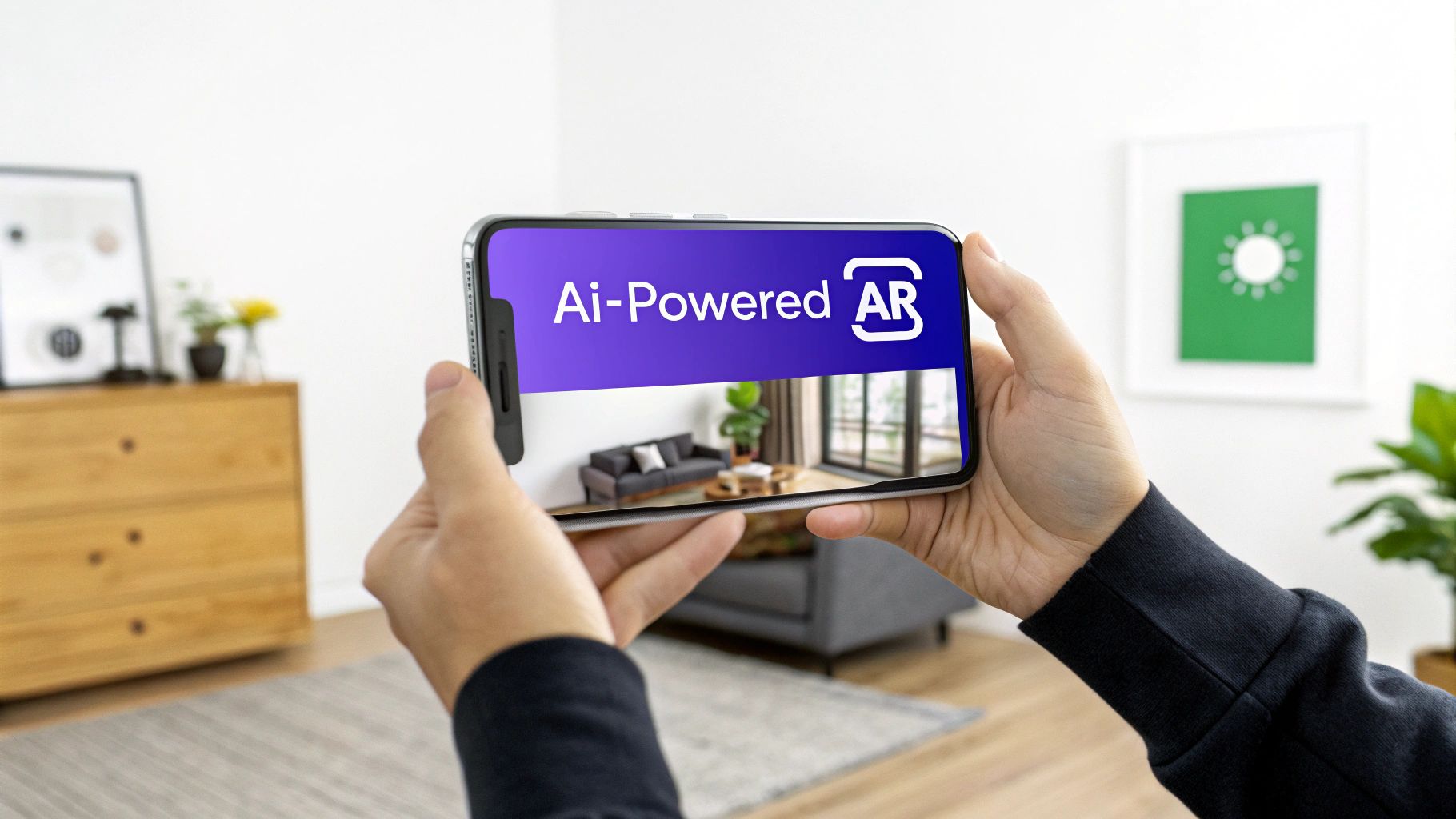 An illustration showing a mobile phone screen displaying an AI chatbot and an augmented reality overlay on a real-world environment, representing advanced mobile technology.