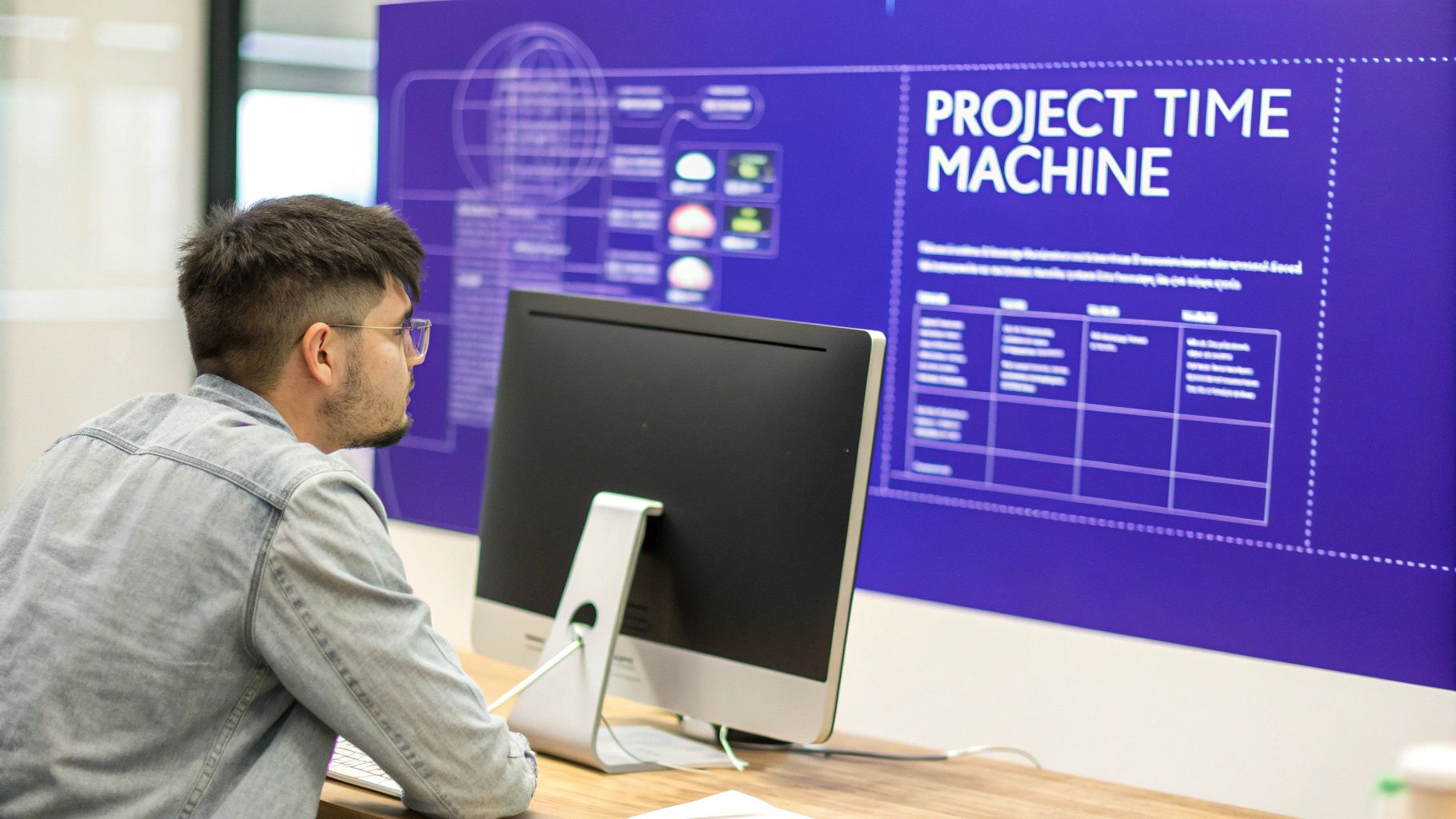 A developer looking thoughtfully at a computer screen showing code and graphs, illustrating the concept of version control.