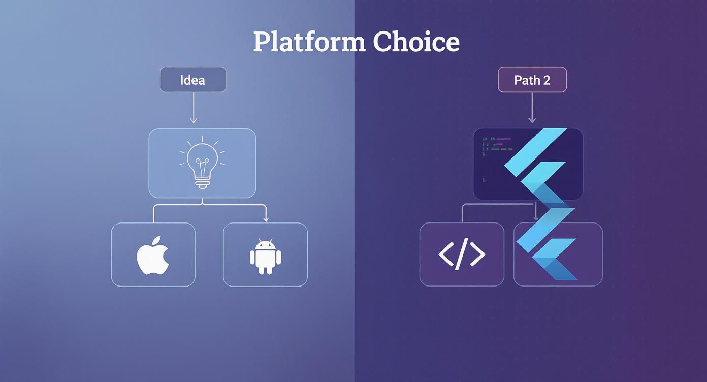 Diagram illustrating mobile application platform choices, comparing native iOS/Android development with cross-platform Flutter.