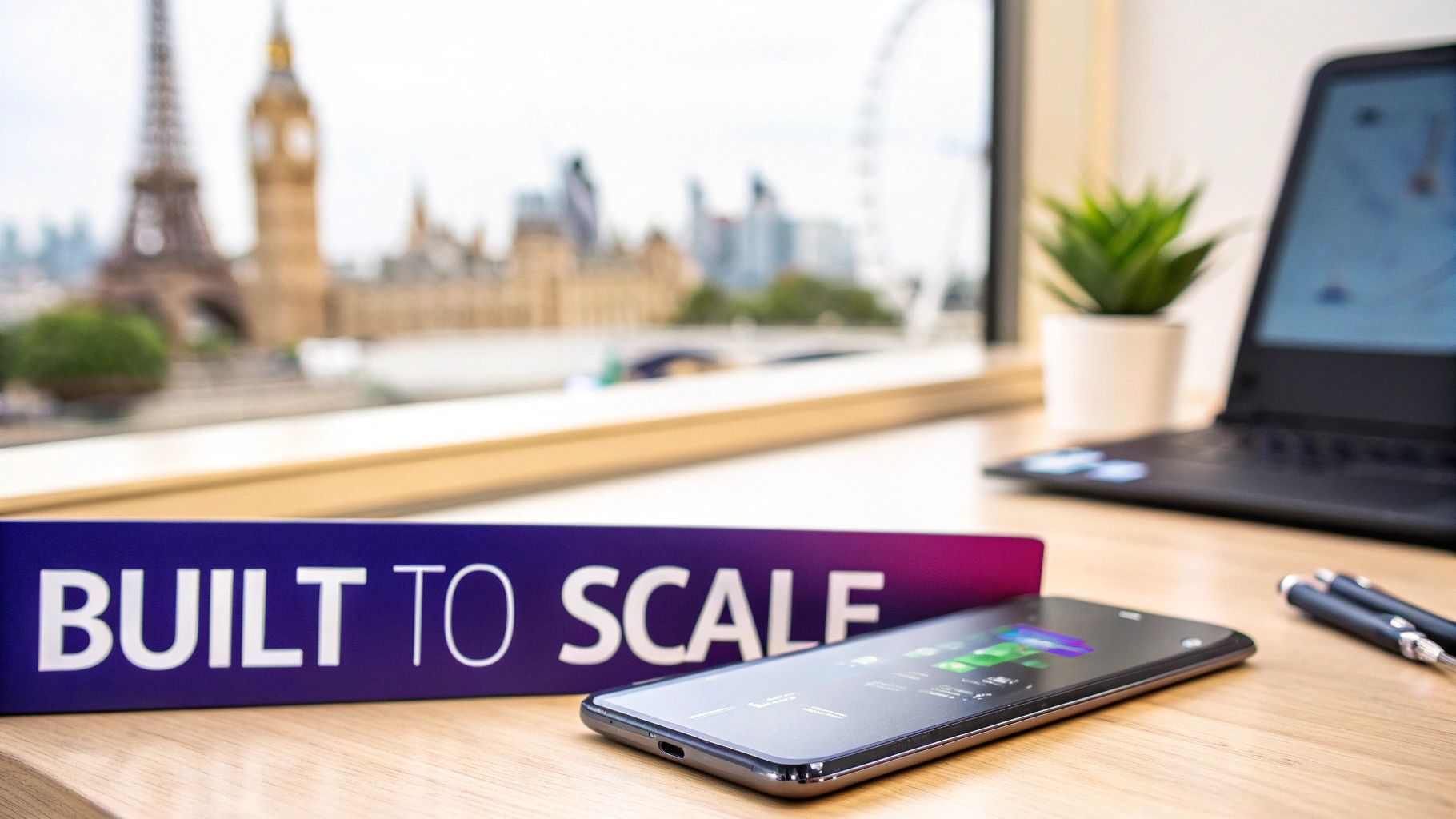 A smartphone, laptop, and 'BUILT TO SCALE' sign on a desk, with blurry global city landmarks in the background.