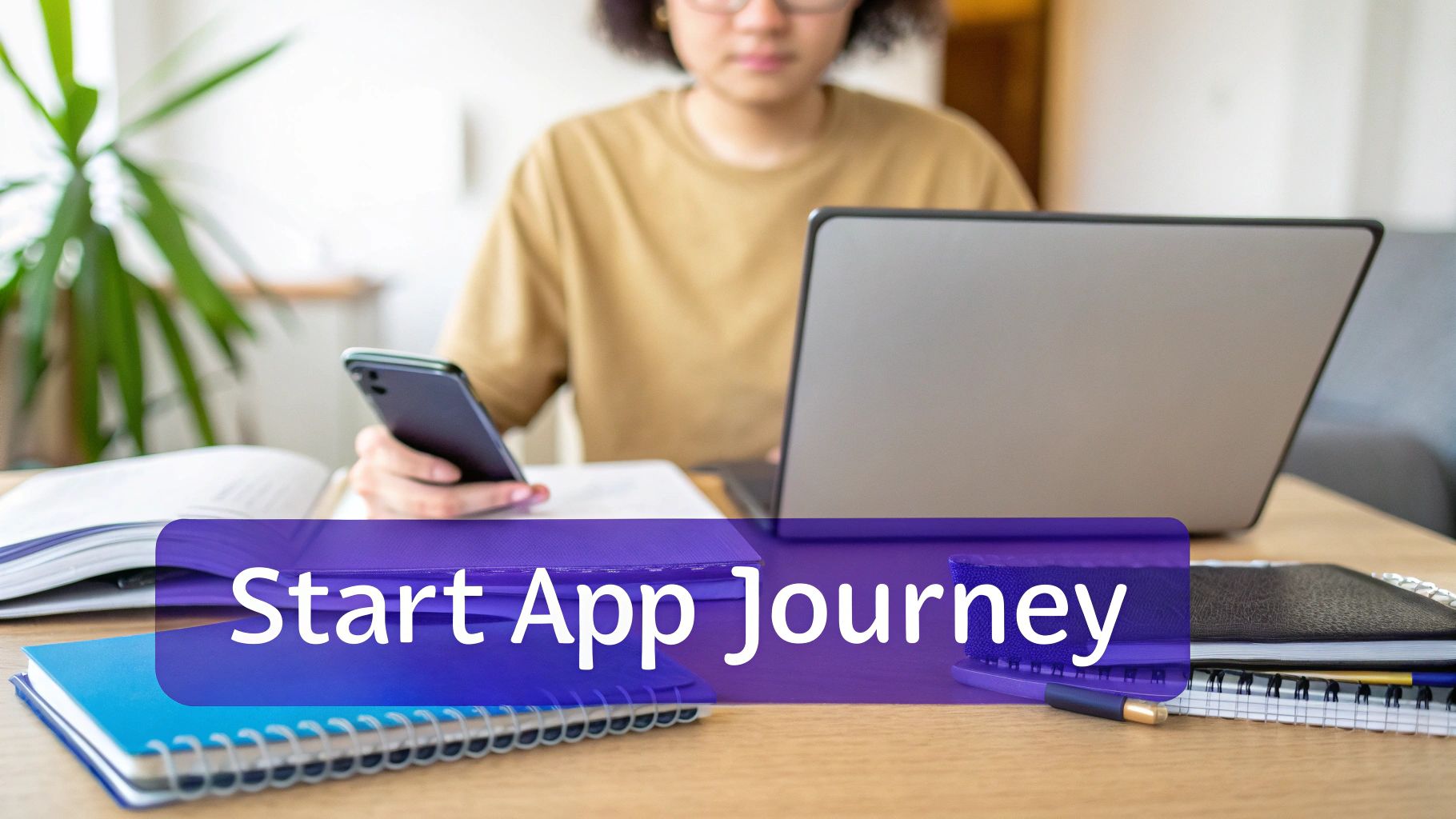 A young person working on a laptop and smartphone with a 'Start App Journey' banner.