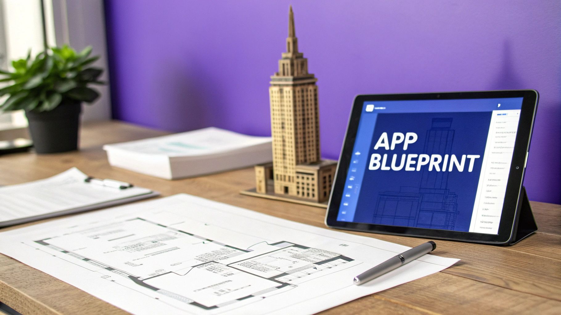 A professional architect reviewing blueprints at a modern desk with a laptop and models
