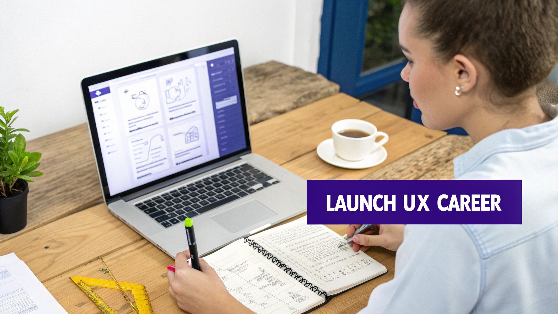 A person working on a UX design project on a tablet with various design elements around them.