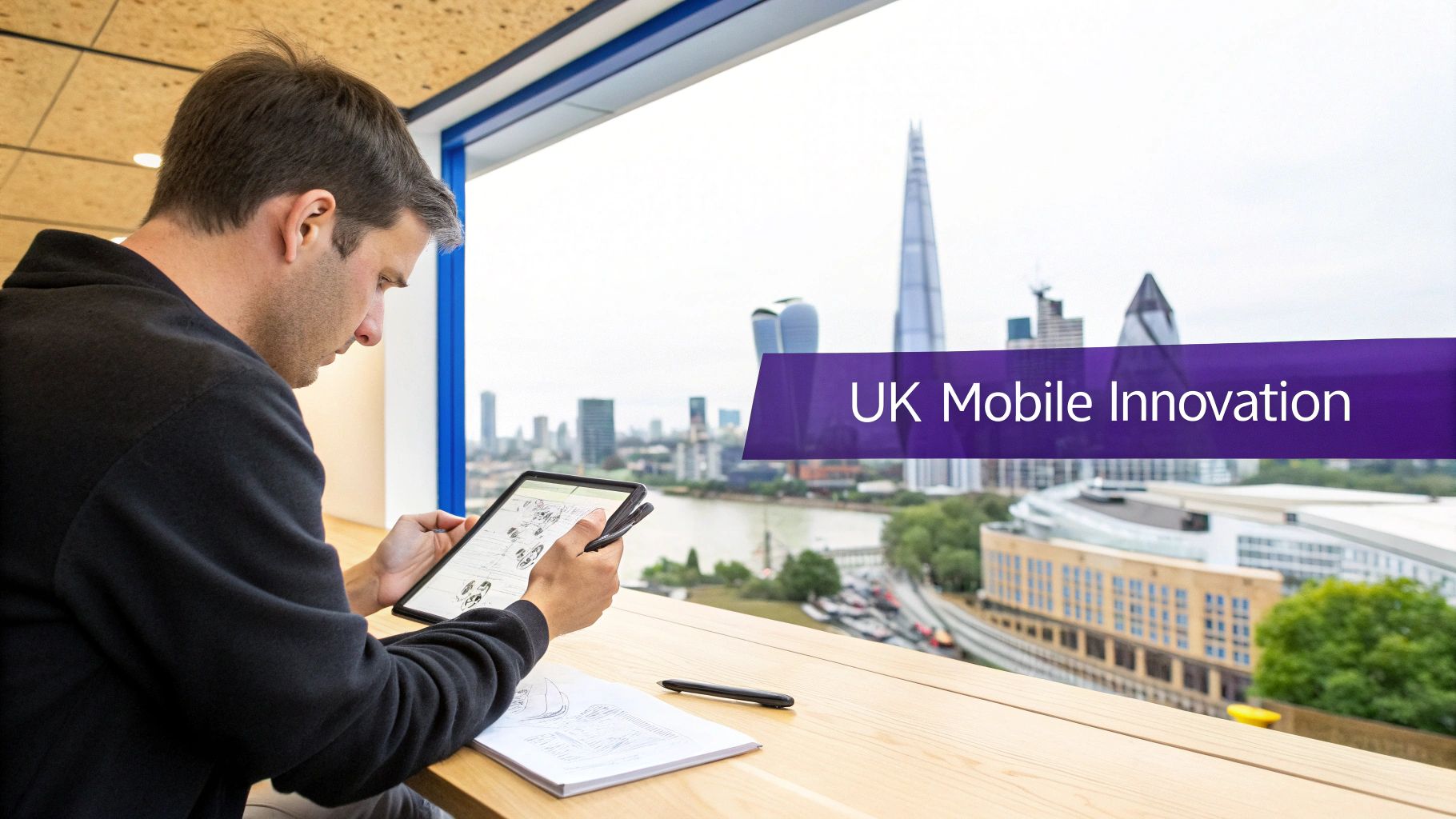 An overhead view of a team collaborating on app designs on a large table