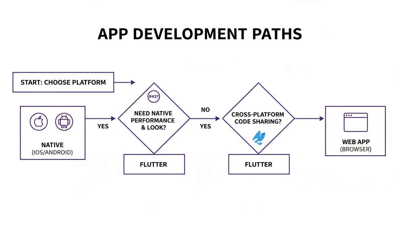 Flowchart illustrating app development paths: native (iOS/Android), Flutter, and web apps based on performance and code sharing.