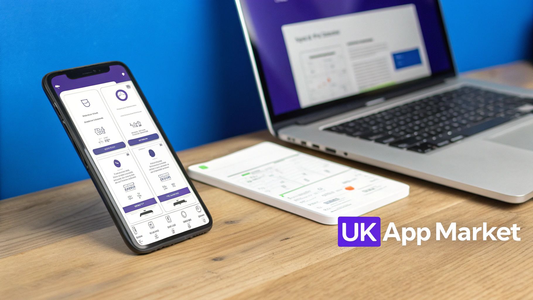 A developer working on a mobile app design on a large screen in a modern UK office
