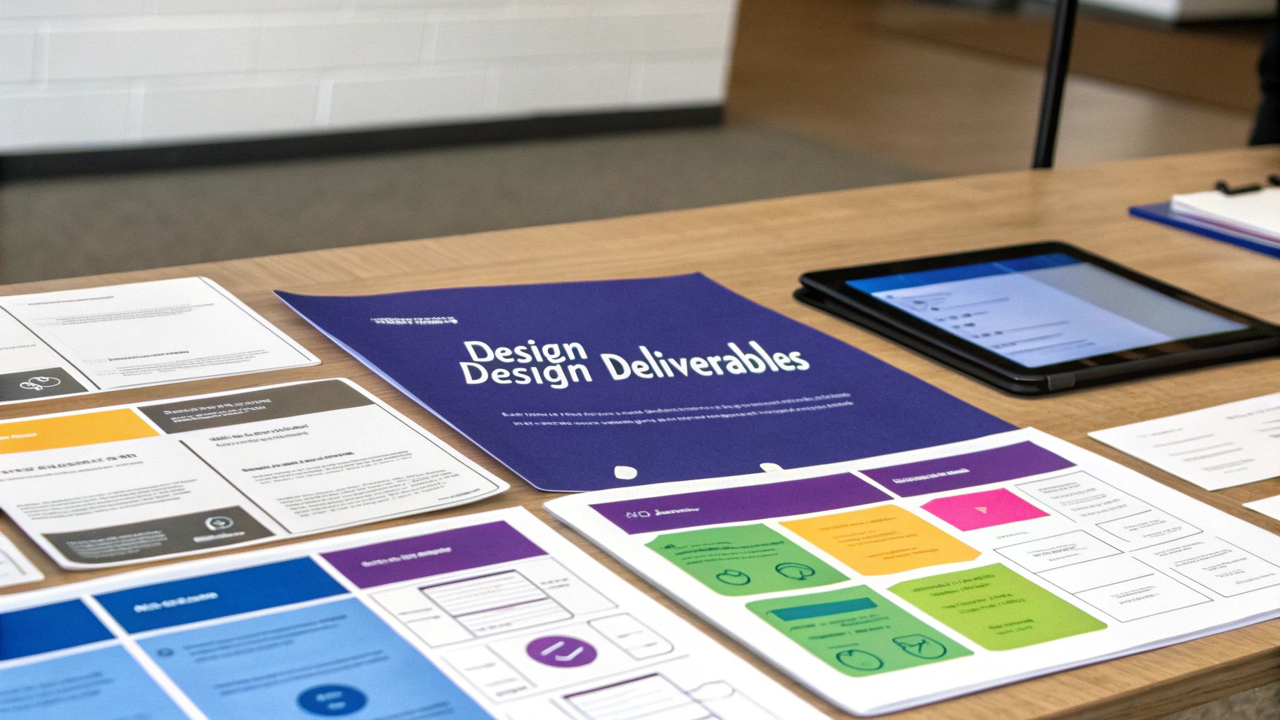 Close-up of various printed design deliverables documents and a tablet laid out on a wooden table.
