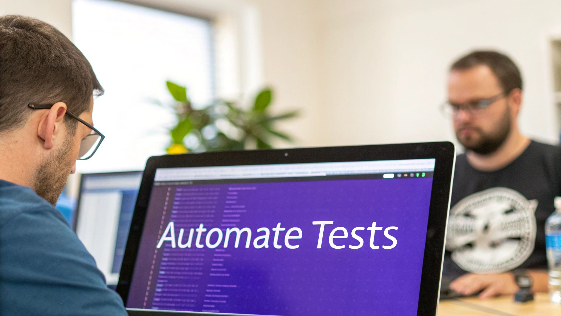A person wearing glasses works on a laptop displaying 'Automate Tests' in an office.