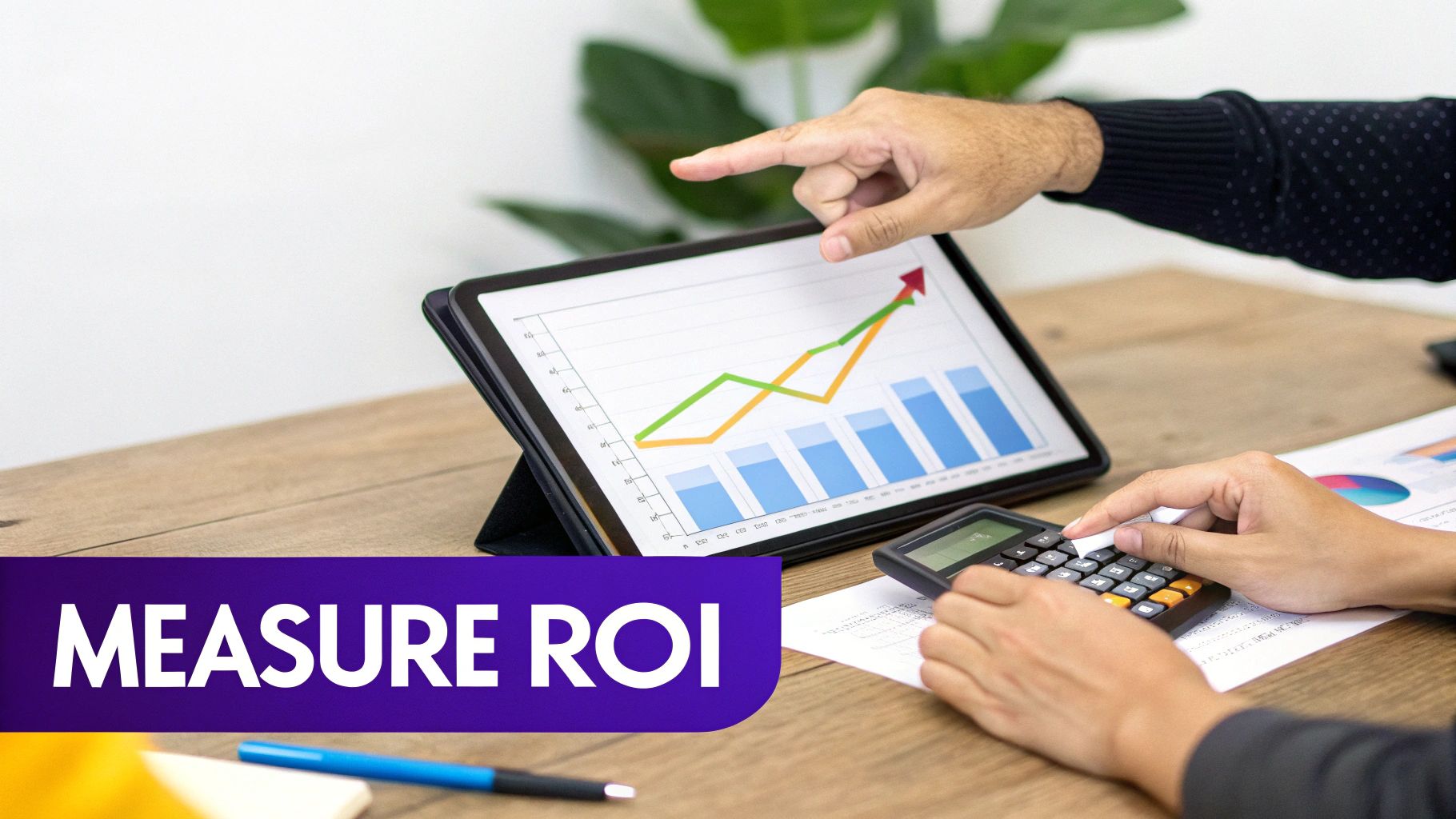 Business professionals analyzing ROI metrics on tablet with growth charts and calculator on desk