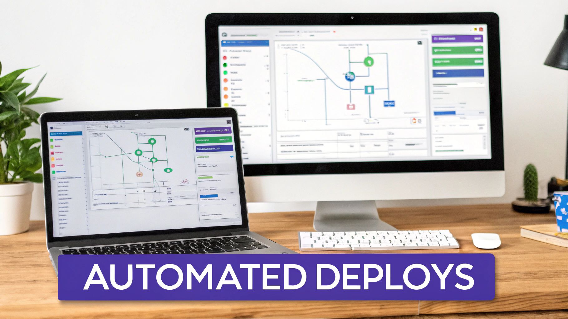Laptop and monitor on a wooden desk displaying software diagrams for automated deployments and architecture.