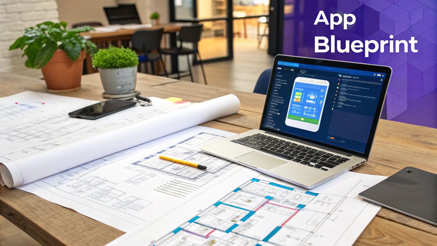 A team collaborating on a mobile app design blueprint.