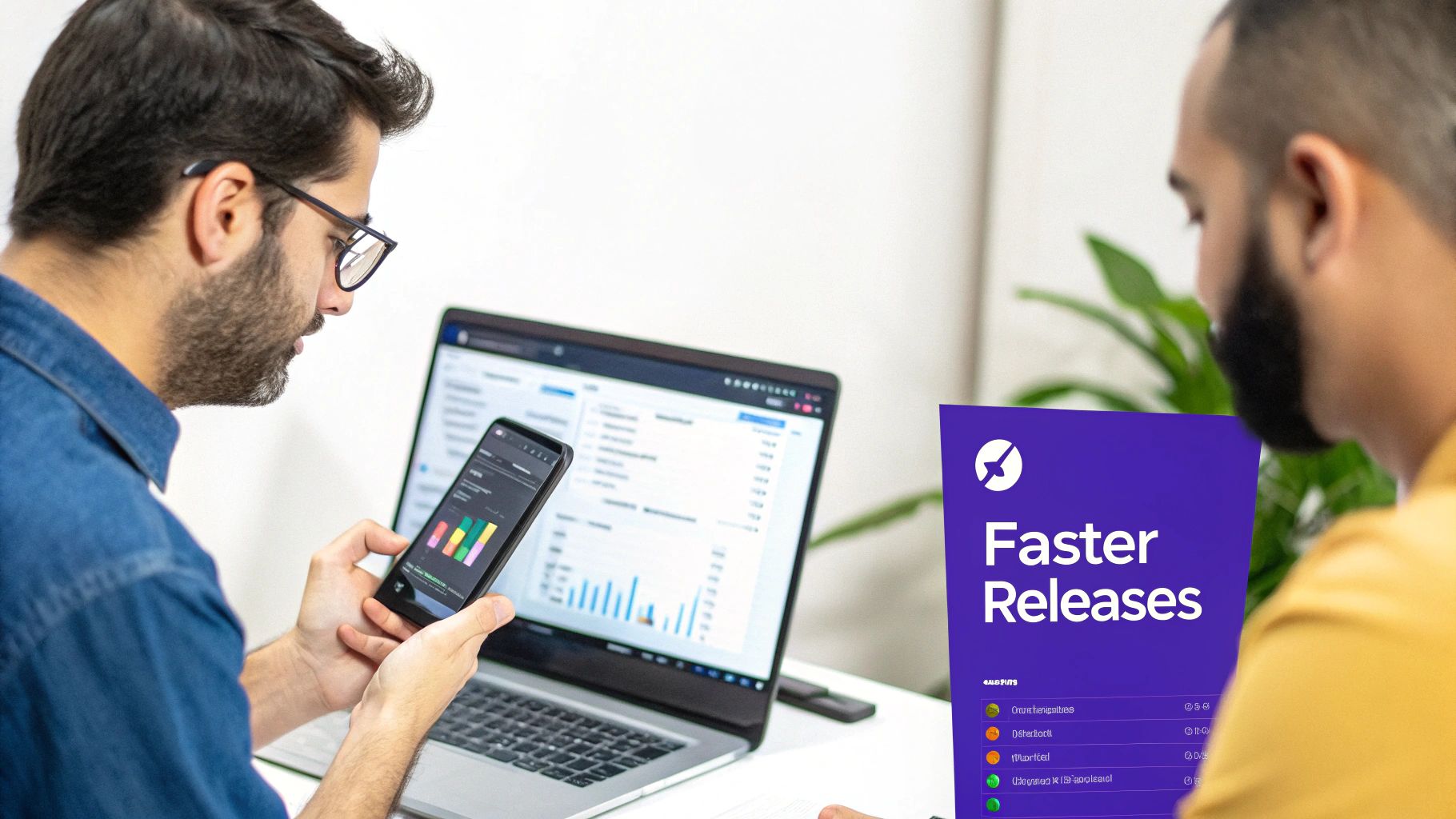 Two professionals collaborating, reviewing data on a laptop and smartphone next to a 'Faster Releases' sign.