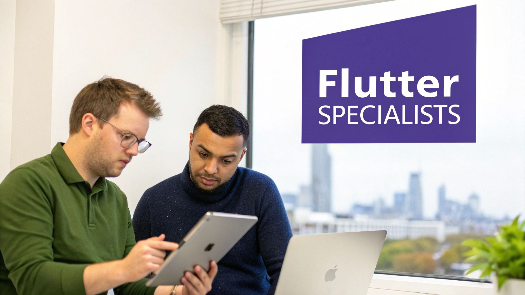 Two Flutter specialists collaborating on a tablet and laptop, with a city skyline view.