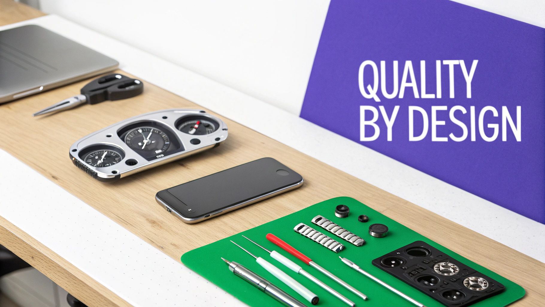 A desk with a laptop, car gauge, smartphone, precision tools, and parts next to a 'QUALITY BY DESIGN' sign.