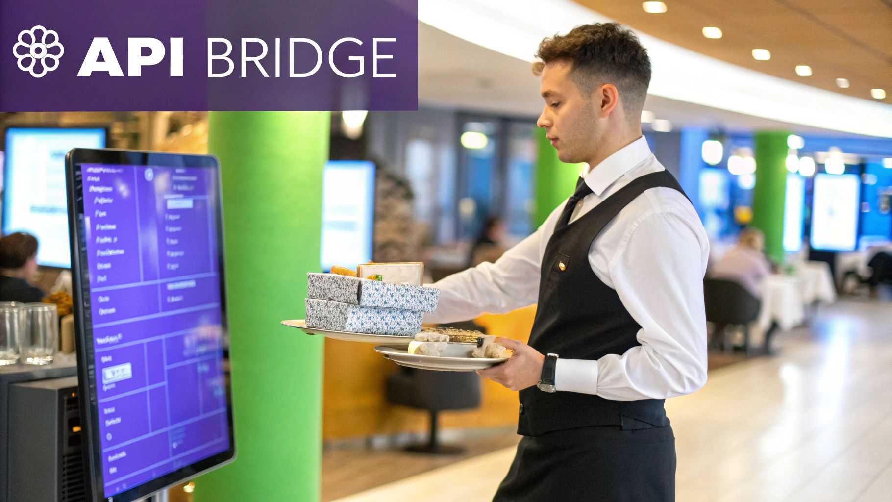 A visual representation of an API acting as a bridge connecting frontend user interfaces with backend servers and databases.