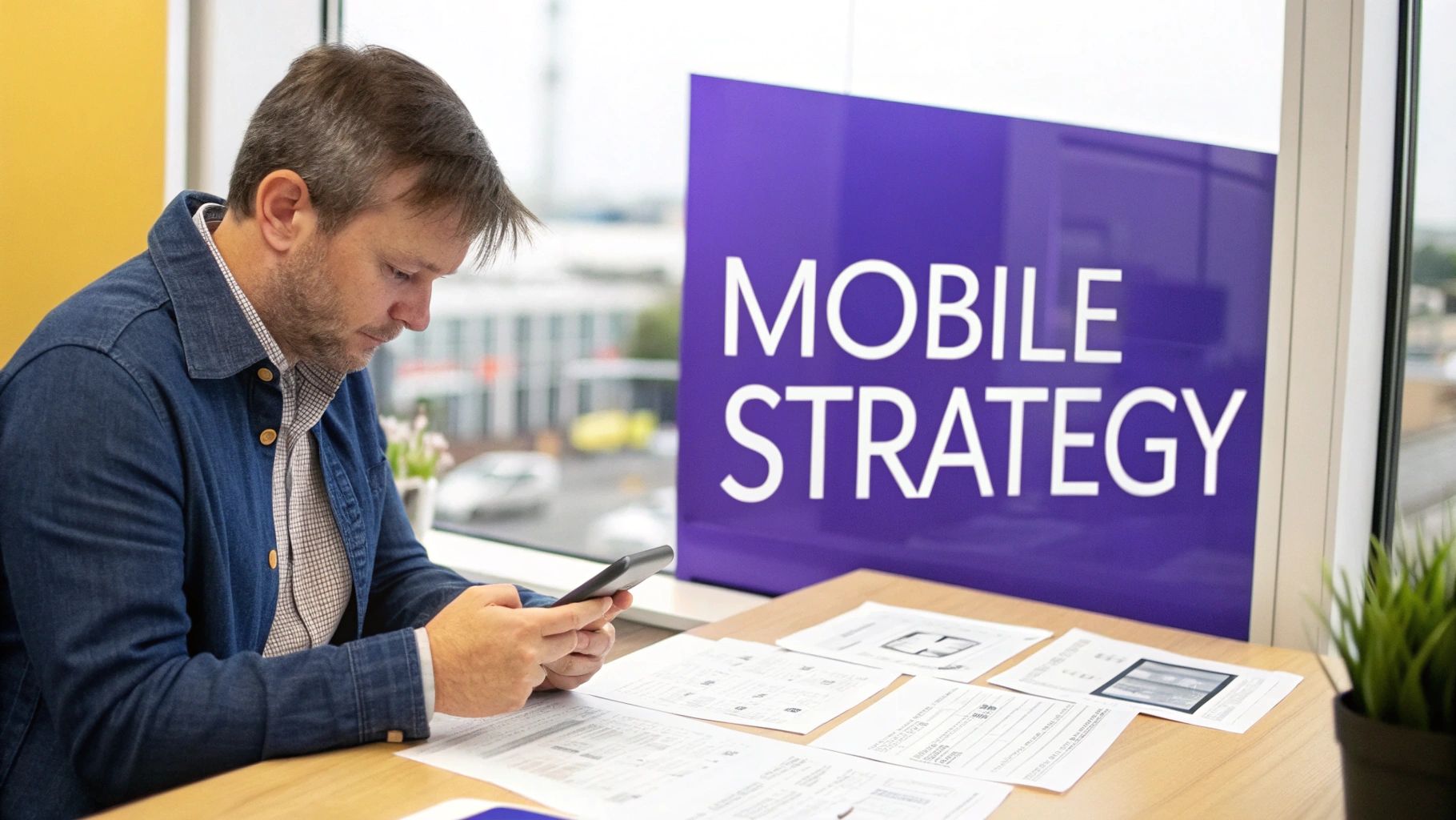 A man in a denim jacket intently uses his smartphone at a desk with papers, next to a 'MOBILE STRATEGY' sign.