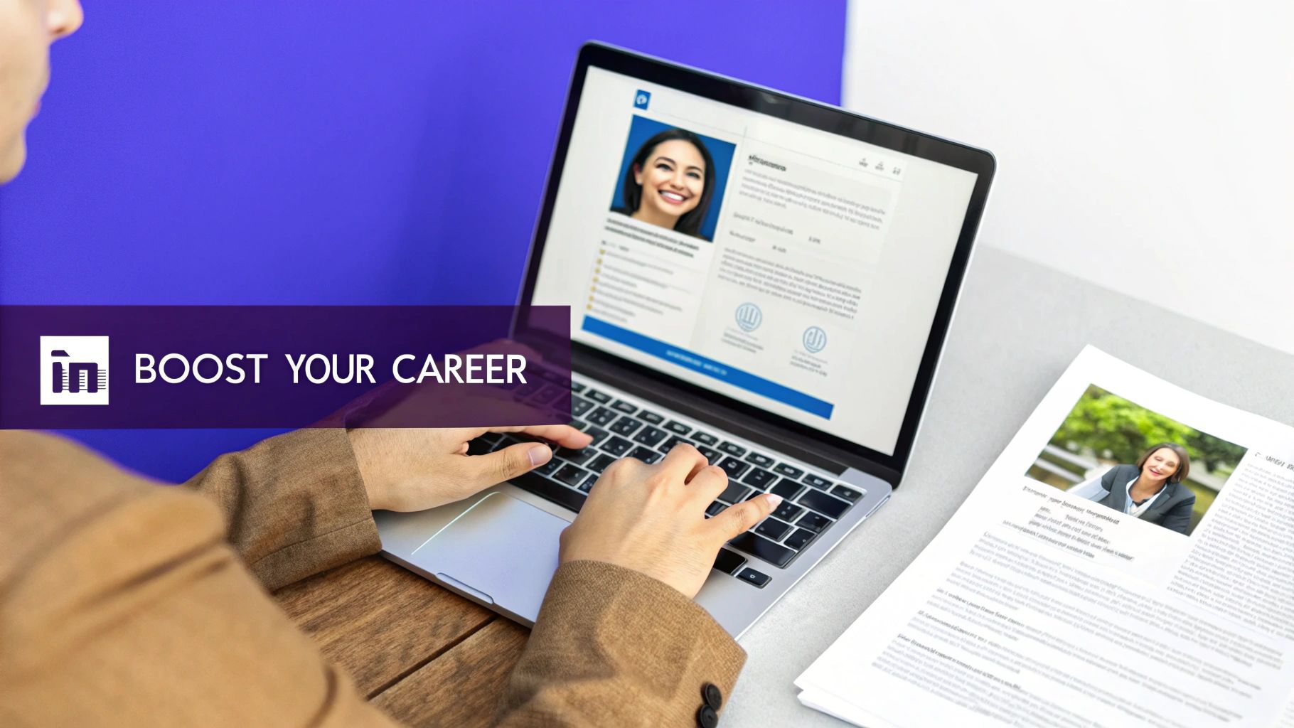 A person confidently presenting their updated CV and career plan on a laptop.