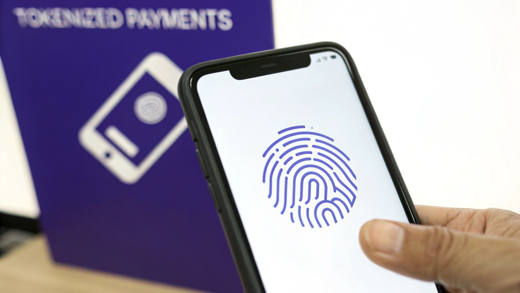 A hand holds a smartphone displaying a fingerprint icon for tokenized mobile payments.