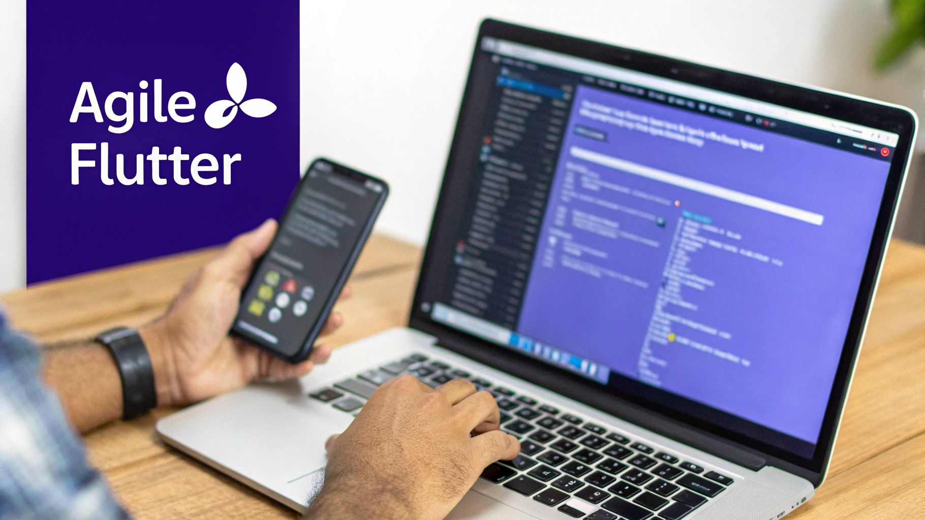 A development team working on a Flutter app project, using a PRINCE2 Agile framework on a whiteboard.