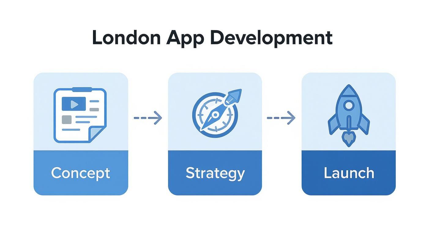 An infographic showing a three-step app development process: Concept, Strategy, and Launch, with icons.