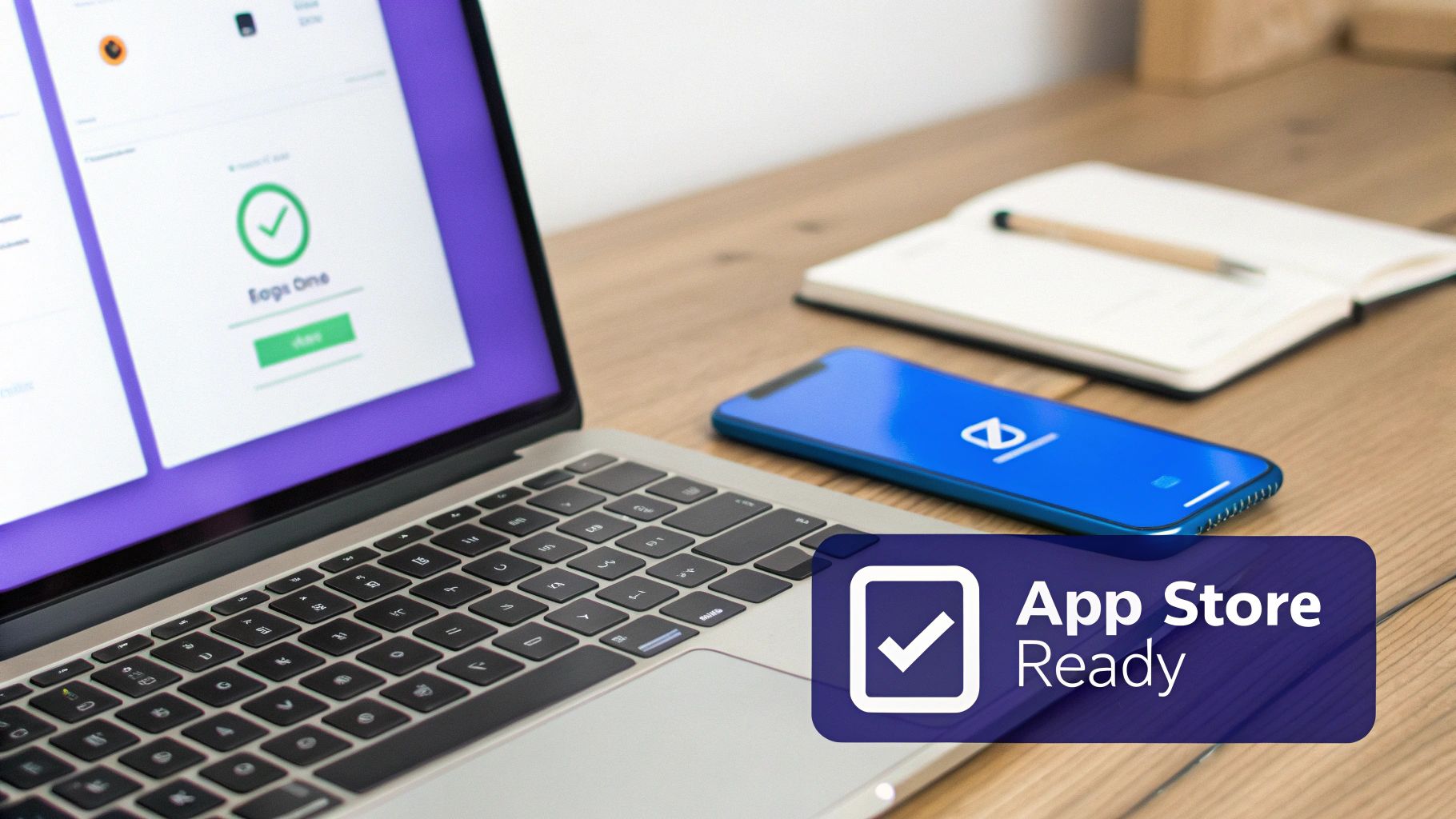 A laptop screen shows a green checkmark and 'Eggs One', beside a smartphone, with an 'App Store Ready' overlay.