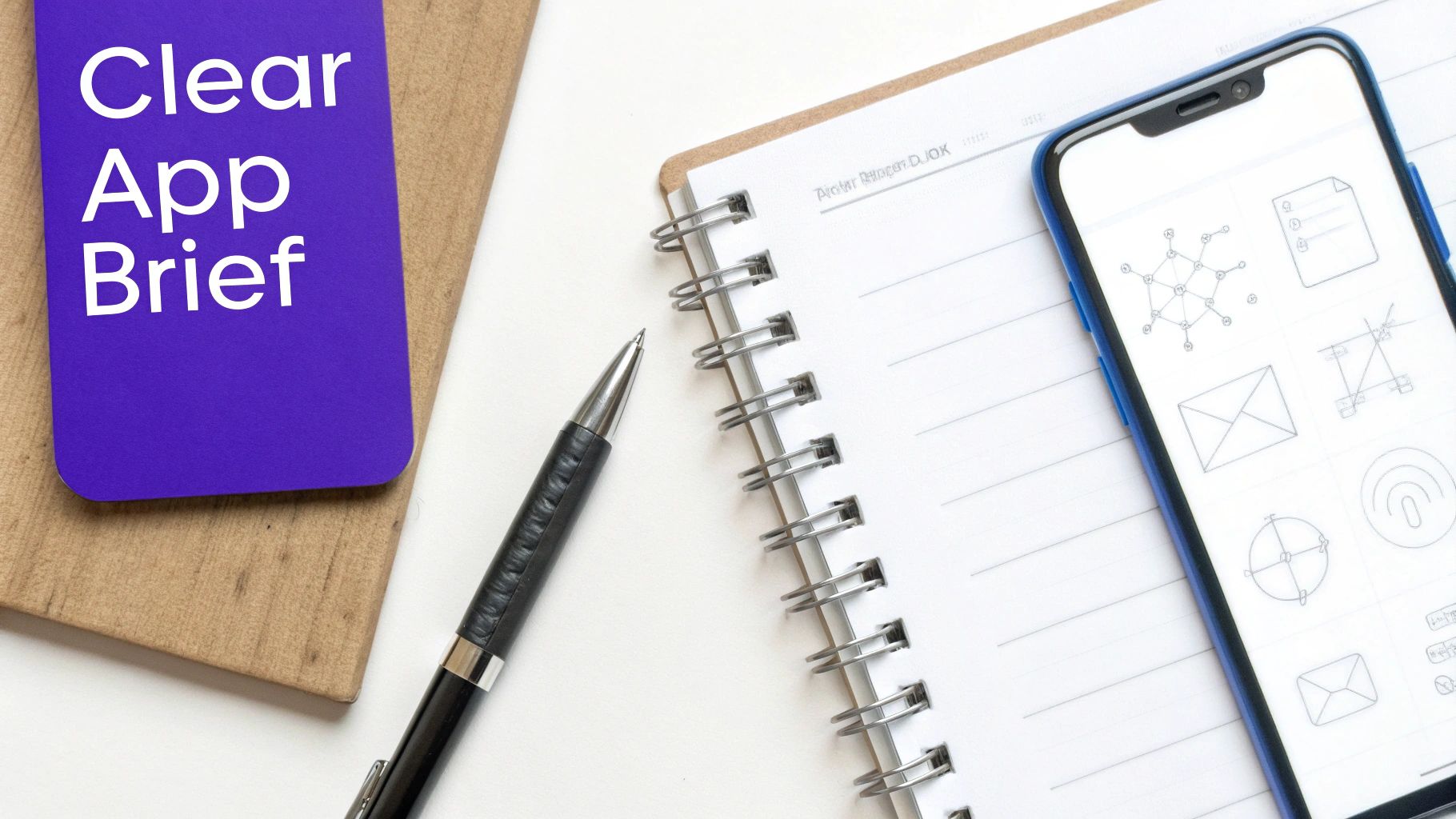 A person sketching out app interface designs in a notebook on a wooden desk