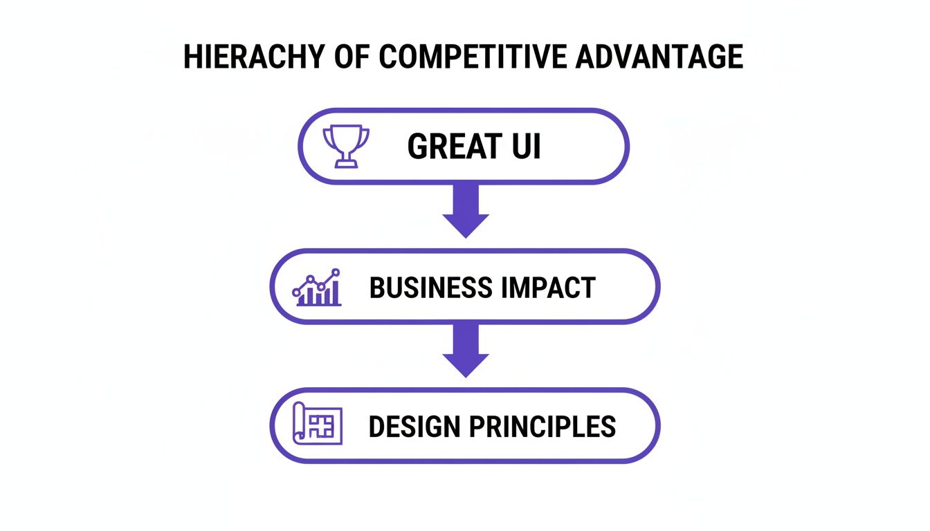 Hierarchy of Competitive Advantage diagram showing Great UI, Business Impact, and Design Principles.