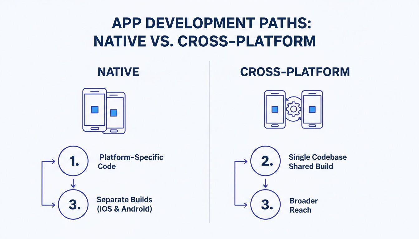Infographic comparing native vs. cross-platform app development paths, illustrating their code and build processes.