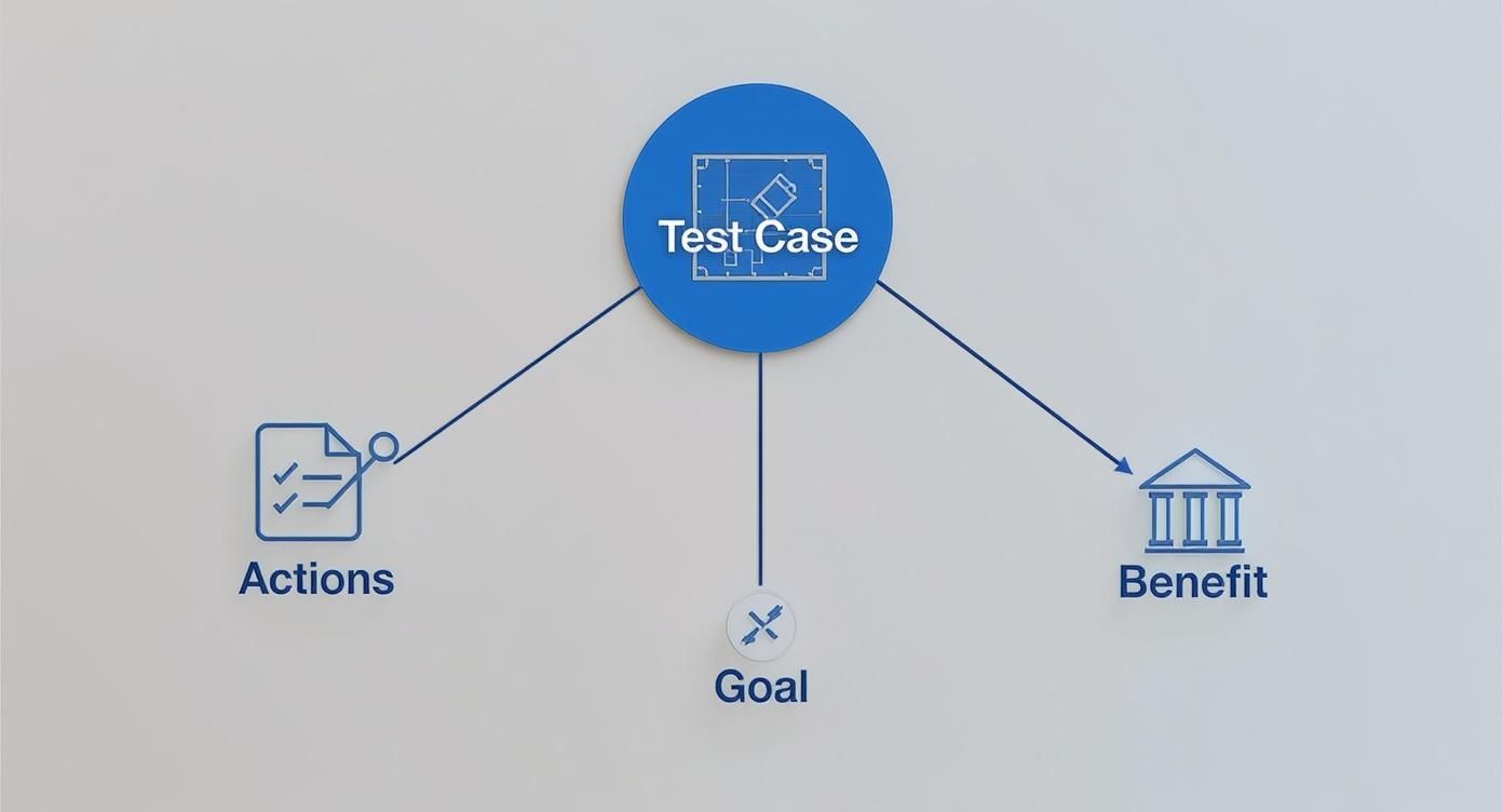 Test case diagram showing three components: actions checklist, goal with tools icon, and benefit building structure