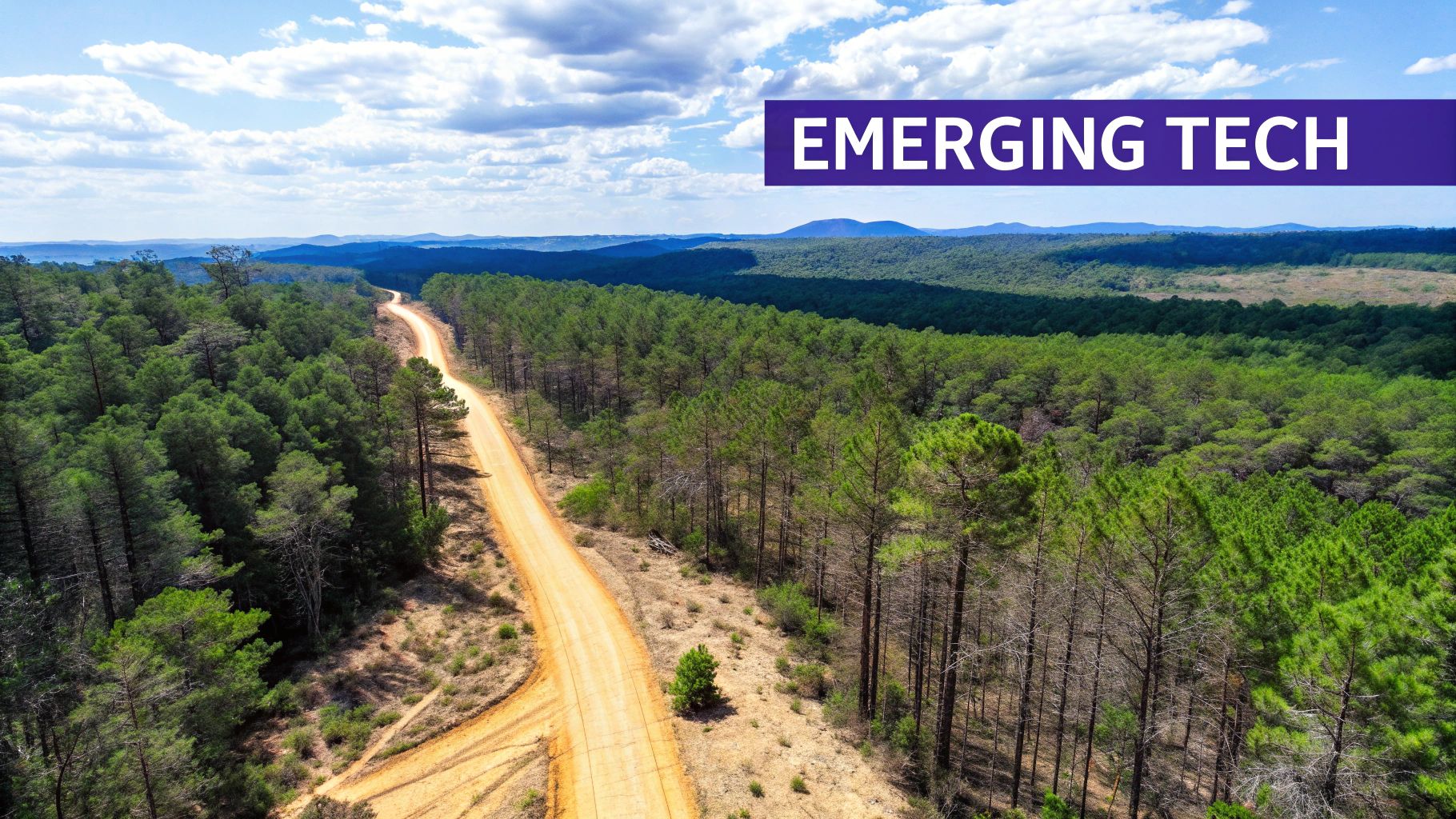 Aerial view of a winding dirt road through a pine forest under a blue sky, with 'EMERGING TECH' banner.