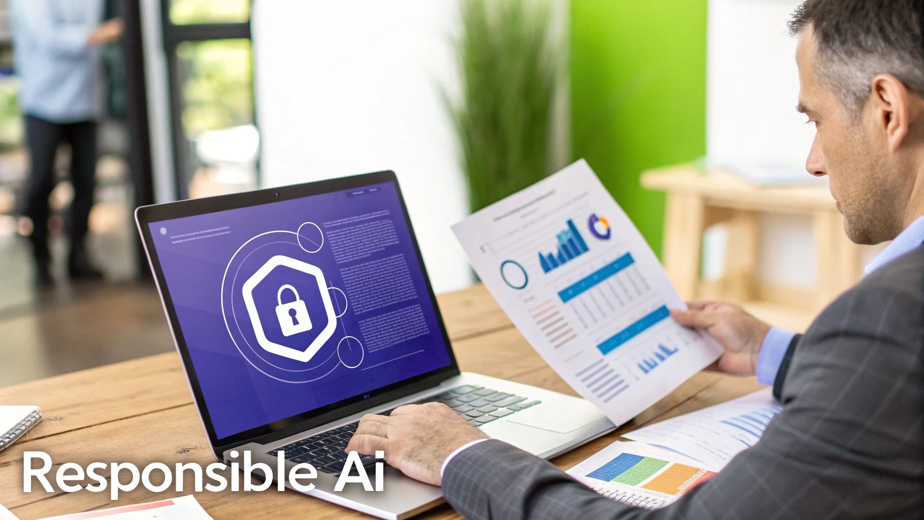 Man reviews business reports at a desk with a laptop displaying a security icon and 'Responsible Ai' text.