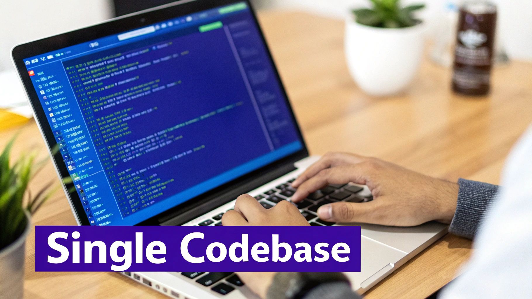 Hands typing on a laptop displaying code, with 'Single Codebase' text overlay.