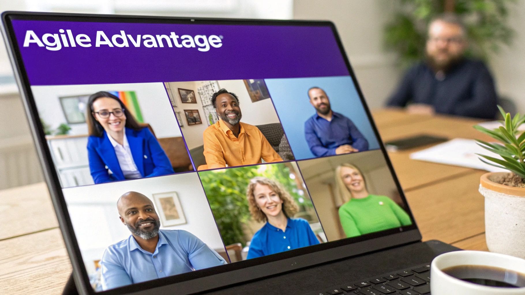 A team collaborating around a digital whiteboard, representing online agile training.