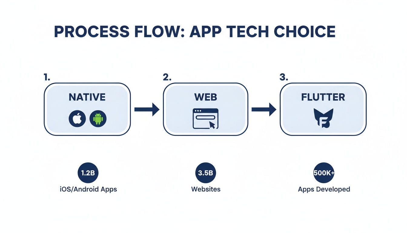 Process flow for app technology choice illustrating native, web, and Flutter development options with statistics.