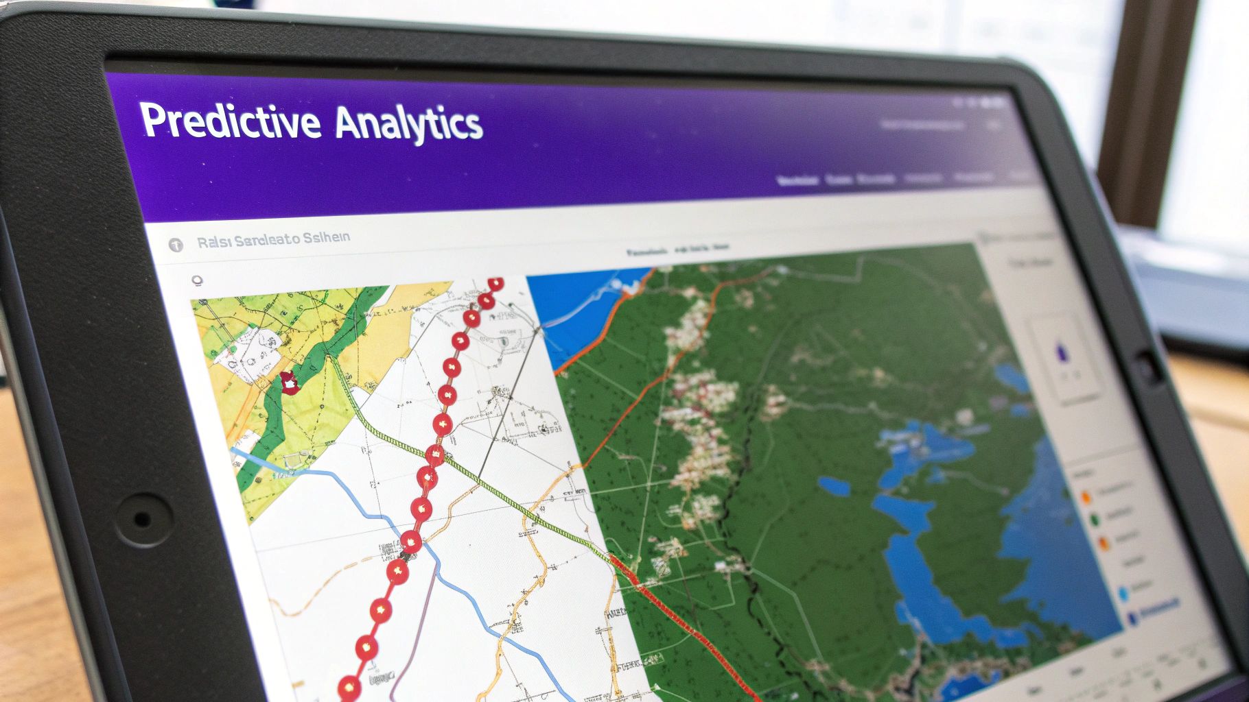 A digital screen showing predictive models and future business analytics forecasts.