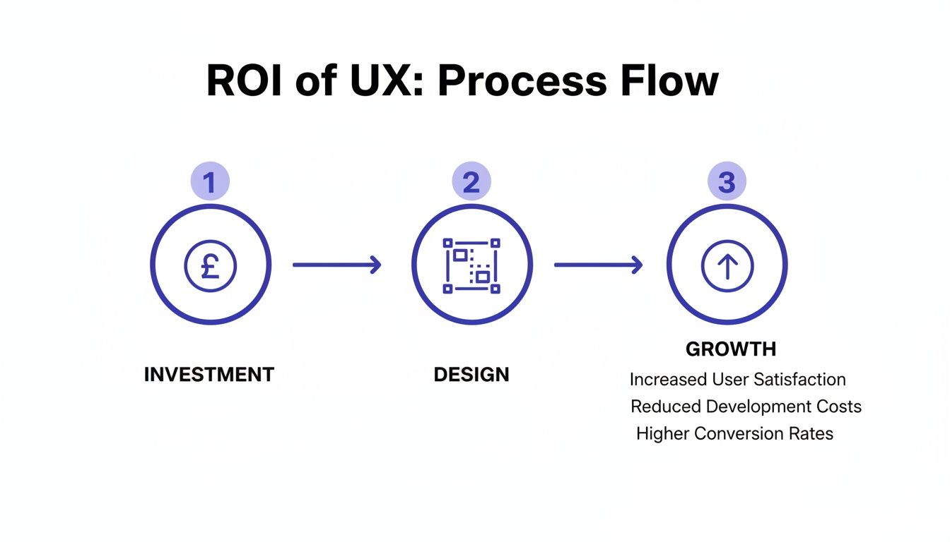 A three-step process flow diagram illustrating the Return on Investment of UX design.