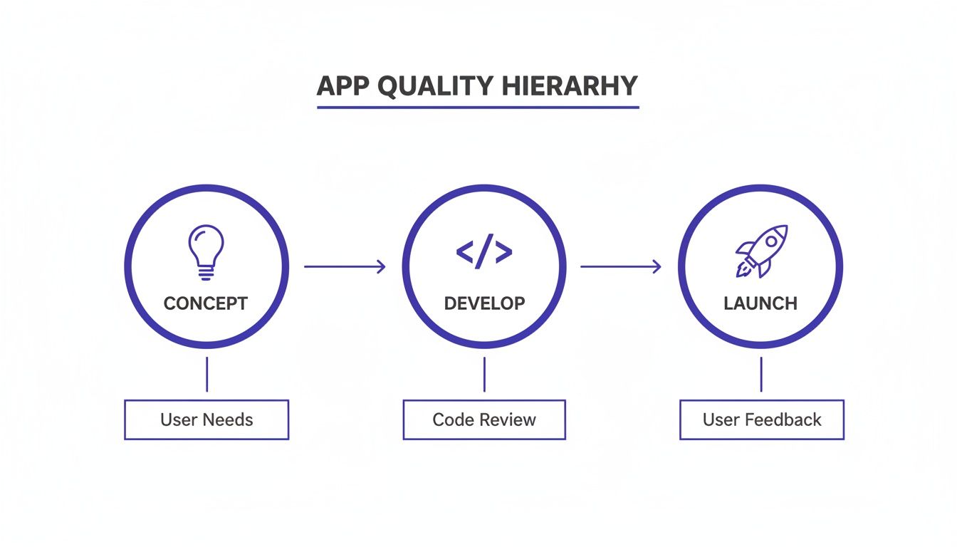 Flowchart illustrating app quality hierarchy with concept, development, and launch, emphasizing user needs, code review, and user feedback.