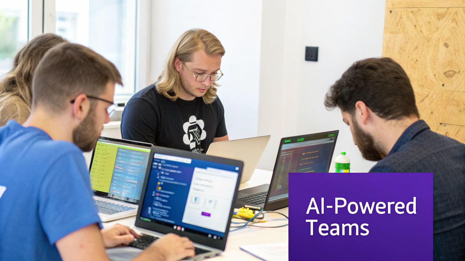 A team of developers working on laptops in an office, with 'AI-Powered Teams' text.