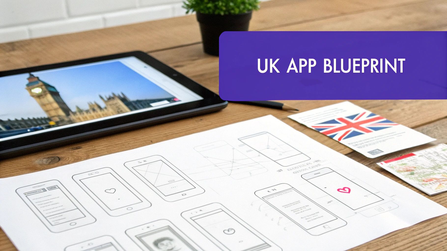 Desk with a tablet showing Big Ben, app wireframes, and a Union Jack card for UK app development.