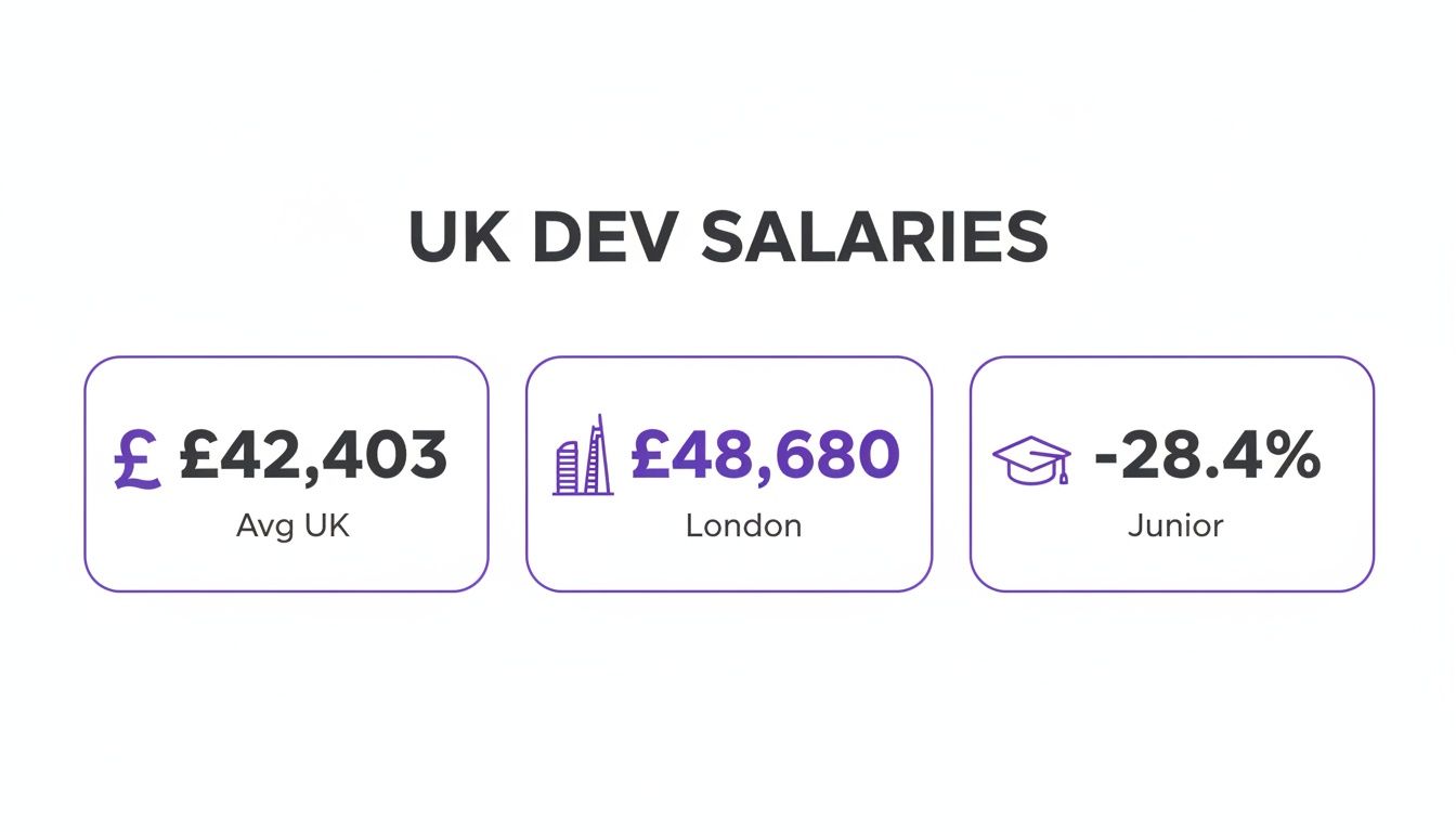 Infographic showing UK developer salaries: average UK, London, and junior developer salary difference.