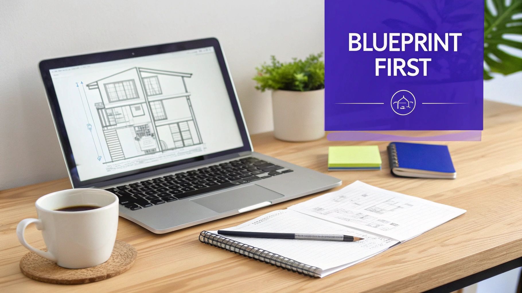 A workspace with a laptop displaying a house blueprint, coffee, notebooks, and a 'Blueprint First' graphic.