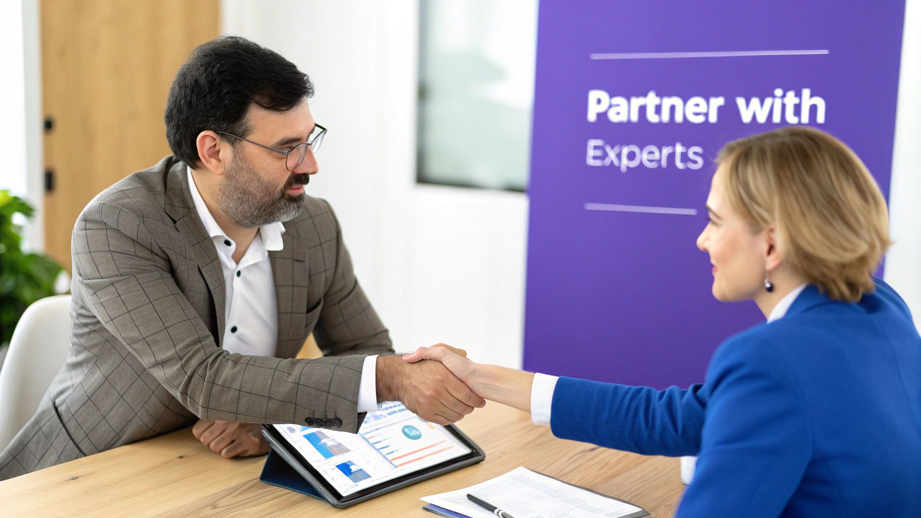Two business professionals, a man and a woman, shake hands across a table with charts on a tablet.