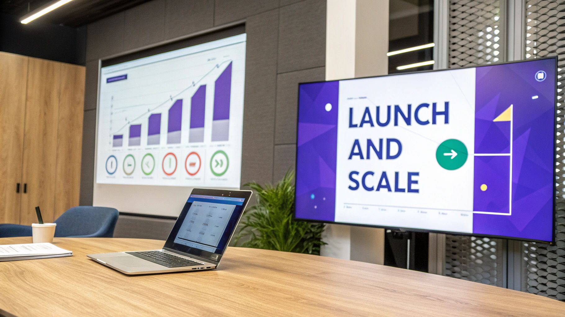 Modern conference room with laptop and screens displaying launch and scale presentation with growth charts