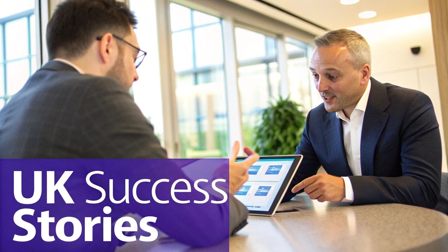 Two professional men in suits discussing a presentation on a tablet during a business meeting, referencing UK success stories.